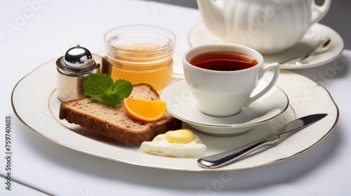 English breakfast presentation, featuring neatly arranged ingredients on a wh...