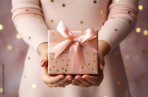 hand holding a white gift box with a gold ribbon in background,