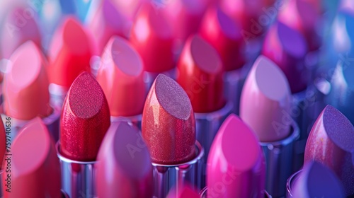 A colorful shot of a collection of unbranded lipsticks arranged in a gradient...