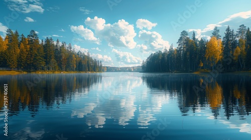 A minimalist composition of a tranquil lake, with calm waters reflecting the ...