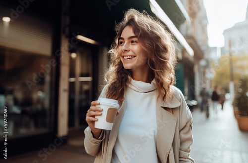 a woman drinking coffee from a bag standing on the street