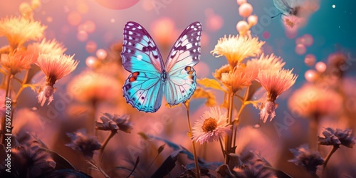 butterfly looking through flowers at sunset, and sunbeams