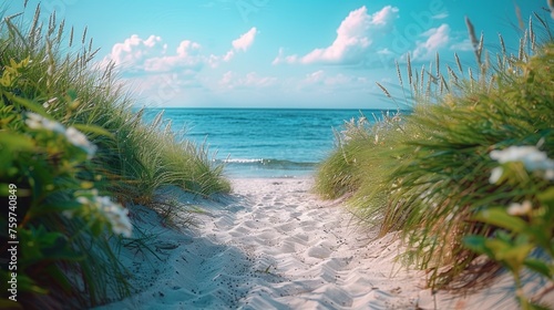 sandy path leading to the beach, with lush greenery on either side and a clea...