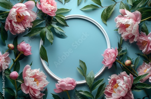 frame with white tv screen frame isolated on blue background with pink peony ...