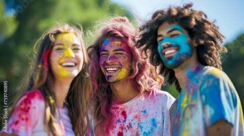 Friends show off their colorful faces and smiles during a joyful festival celebration