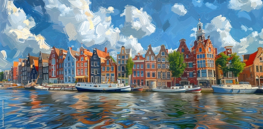 Fototapeta premium an oil painting of an city waterfront with buildings and boats