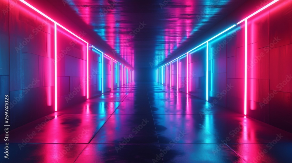 An enticing neon-lit tunnel with a beautiful symmetry and reflections creates an immersive pathway that pulls the viewer in An enticing neon-lit tunnel with a beautiful symmetry and reflections creates an immersive pathway that pulls the viewer in