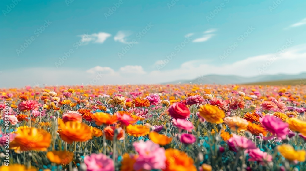 Fototapeta premium A minimalist shot of a vibrant flower field, with colorful blooms stretching to the horizon