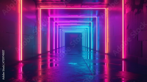 A visually striking image of a corridor bathed in vibrant neon lights reflecting off the wet floor, giving an otherworldly feel