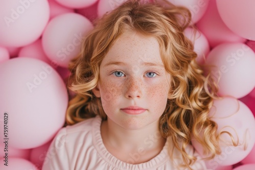 portrait of a girl with brown hair on a pink background of pastel balloons. Child. Birthday. Childhood. Children's room