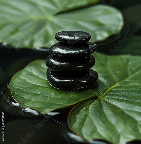 a shiatsuacupressure stone stack sitting on a green leaf