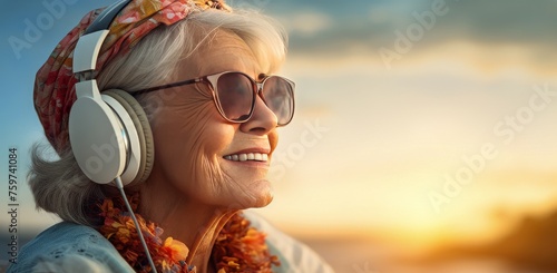 senior woman in hat with listening to music on headphones at the beach with b...