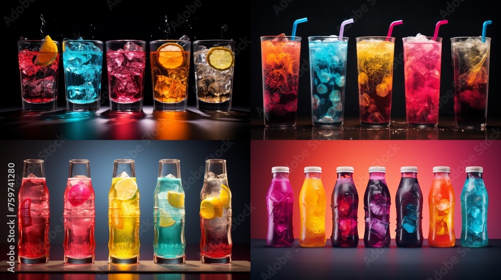 A series of colorful drinks with citrus and splashes in glasses against a dark backdrop, conveying a vibrant and festive mood A series of colorful drinks with citrus and splashes in glasses against a dark backdrop, conveying a vibrant and festive mood