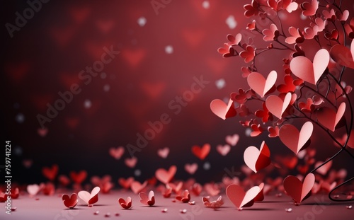 small hearts from paper on a red background