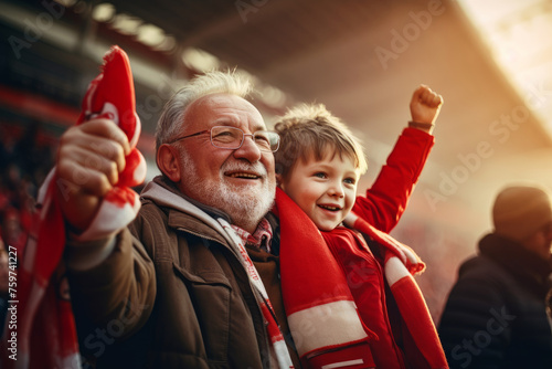 A grandfather and grandson are watching a sports match at a football stadium. Football fans