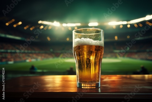 a beer glass and field are on a table in front of a stadium