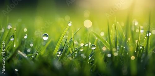 grass covered in water drops on the ground at sunrise