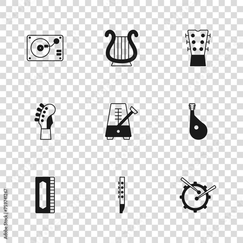 Set Flute, Bandura, Drum with drum sticks, Metronome pendulum, Guitar neck, Vinyl player vinyl disk, Ancient Greek lyre and icon. Vector