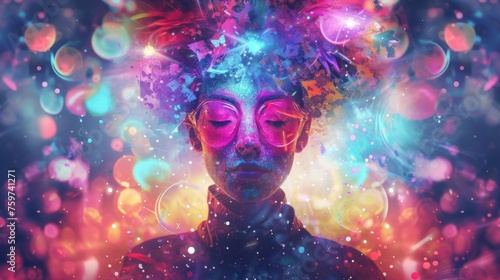 An abstract concept featuring a human silhouette with a box on the head set against a cosmic and vibrant particle background