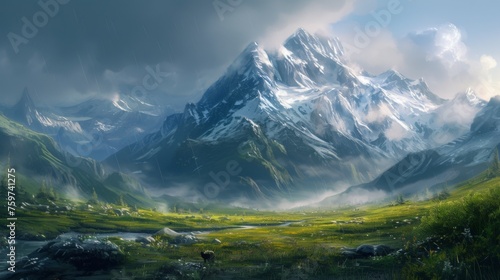 A stunning digital artwork showcasing a vibrant green valley leading up to snow-capped mountains under a dramatic sky