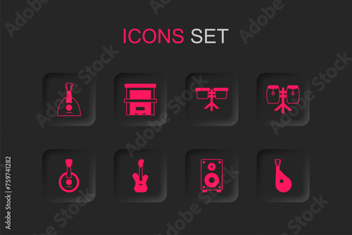 Set Electric bass guitar, Piano, Balalaika, Stereo speaker, Conga drums, Bandura, Bongo and Banjo icon. Vector