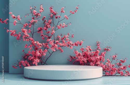 white blank pedestal and pink flowers on blue background