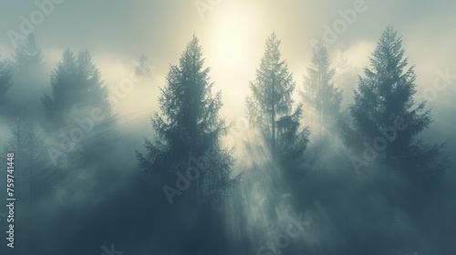 A minimalist photograph of a misty forest, with tall trees fading into the fog and soft © olegganko