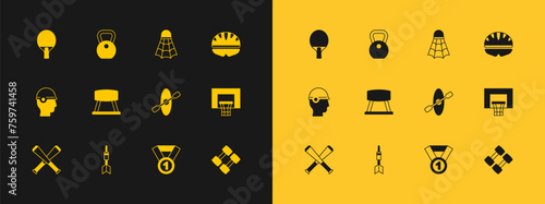Set Bicycle helmet, Dart arrow, Kayak and paddle, Medal, Pommel horse, Badminton shuttlecock, Racket and Weight icon. Vector