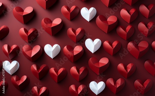Several paper heart shapes arranged on a red background, creating a simple ye...