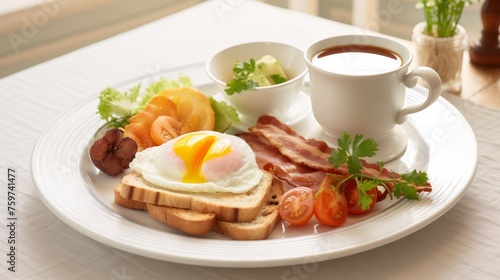English breakfast presentation, featuring neatly arranged ingredients on a wh...