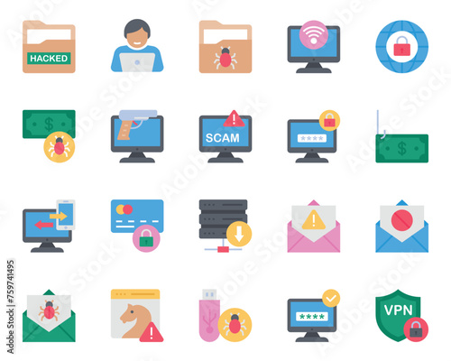 Flat color icons set for Cyber crimes.