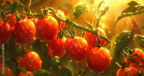 tomatoes on a vine with sunlight streaming in