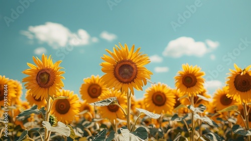 sunflower field, with tall sunflowers standing against a clear blue sky
