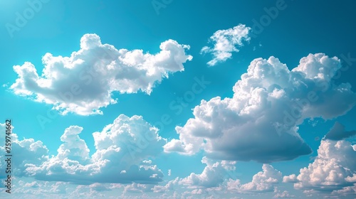 a clear summer sky with fluffy white clouds, providing a simple yet striking ...