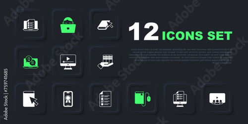 Set Online quiz, test, survey, class, play video, Electronic book with mouse, Question and Answer, education diploma, Student working laptop and icon. Vector
