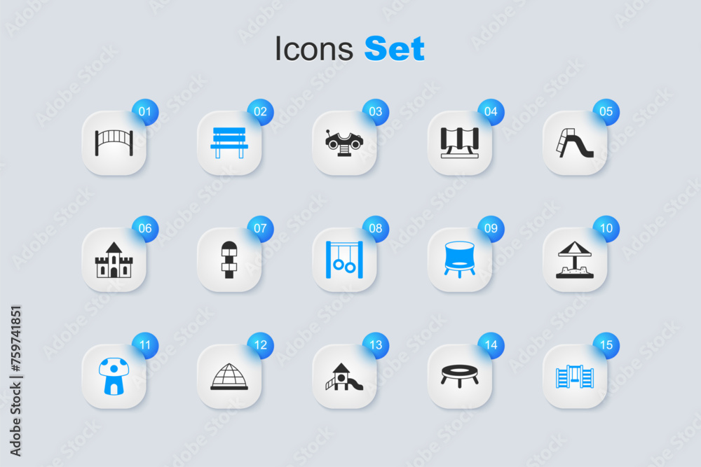 Set Jumping trampoline, Hopscotch, Bench, Mushroom house, Swedish wall, Sandbox with sand, Playground kids bridge and Gymnastic rings icon. Vector Set Jumping trampoline, Hopscotch, Bench, Mushroom house, Swedish wall, Sandbox with sand, Playground kids bridge and Gymnastic rings icon. Vector