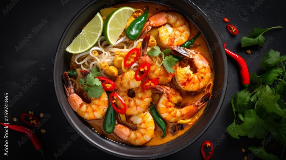 From above, the photo captures a scrumptious dish of shrimp noodles with vibrant garnishings in a black bowl