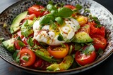 Fresh burrata cheese salad with ripe tomatoes, sliced avocado, and basil on a speckled plate