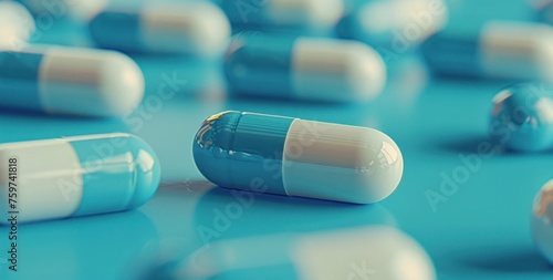 a bunch of blue and white pills laying on a blue background