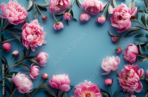 frame with white tv screen frame isolated on blue background with pink peony ...