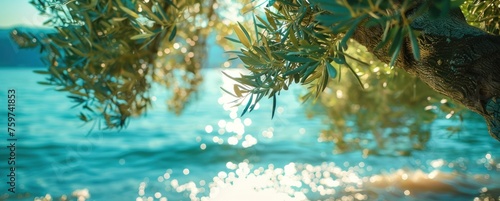 olive branch hangs between a tree and the ocean