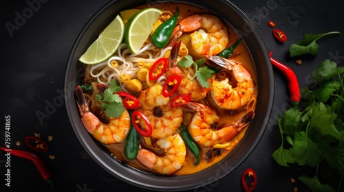 From above, the photo captures a scrumptious dish of shrimp noodles with vibrant garnishings in a black bowl