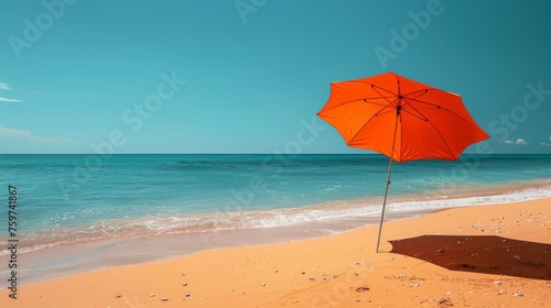 a sandy beach under a clear blue sky, with a single beach umbrella casting a ...