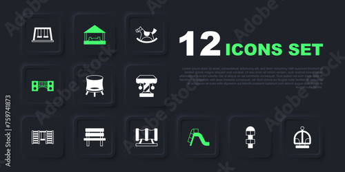 Set Hopscotch, Attraction carousel, Jumping trampoline, Slide playground, Playground kids bridge, Bench, Sandbox with sand and Kid slide pipe icon. Vector