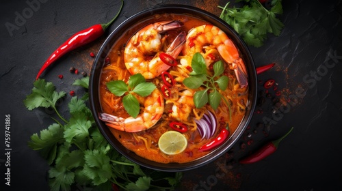 Delicious prawn soup in a bowl surrounded by fresh herbs highlighting the richness of traditional flavors