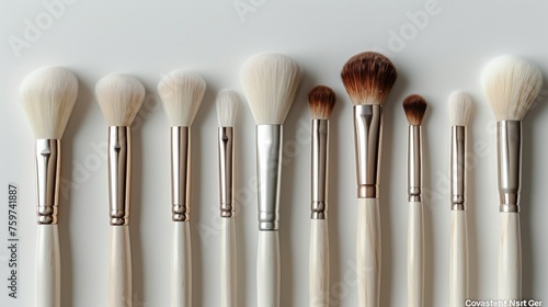 set of makeup brushes arranged neatly on a white background