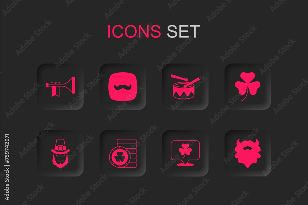 Set Golden leprechaun coin, Mustache, Trumpet, Clover trefoil leaf, and beard, Drum with drum sticks and Leprechaun icon. Vector Set Golden leprechaun coin, Mustache, Trumpet, Clover trefoil leaf, and beard, Drum with drum sticks and Leprechaun icon. Vector