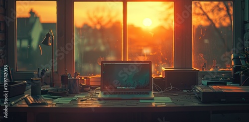 an office desk with a laptop on top of it