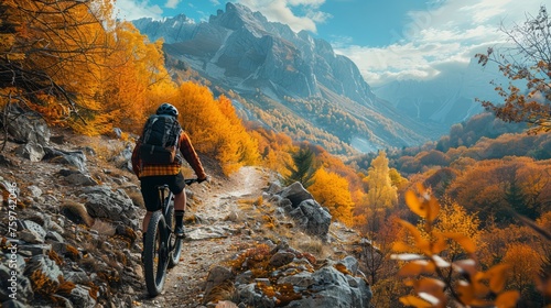A mountain biker navigating a rocky trail, surrounded by vibrant autumn leaves