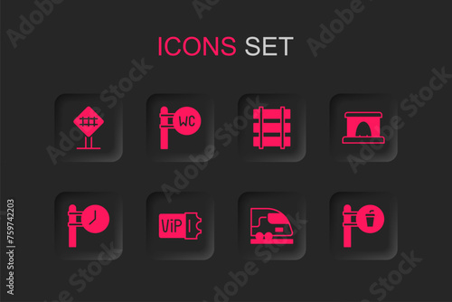 Set Train ticket, Toilet, Railroad crossing, High-speed train, Railway tunnel, Cafe and restaurant location, Railway, railroad track and station clock icon. Vector